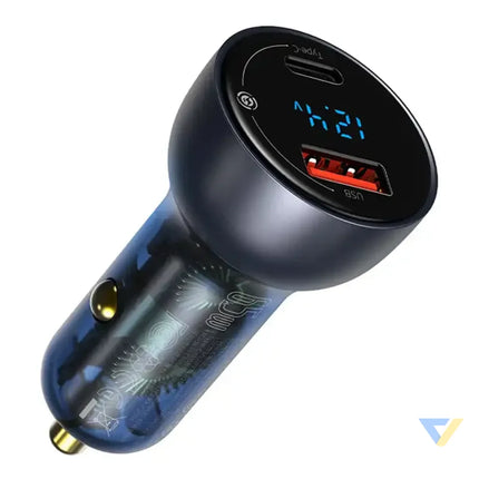 Ładowarka samochodowa Baseus Particular Digital Display z wyświetlaczem USB + USB C QC3.0 + PD 5A 65W (szara) + kabel