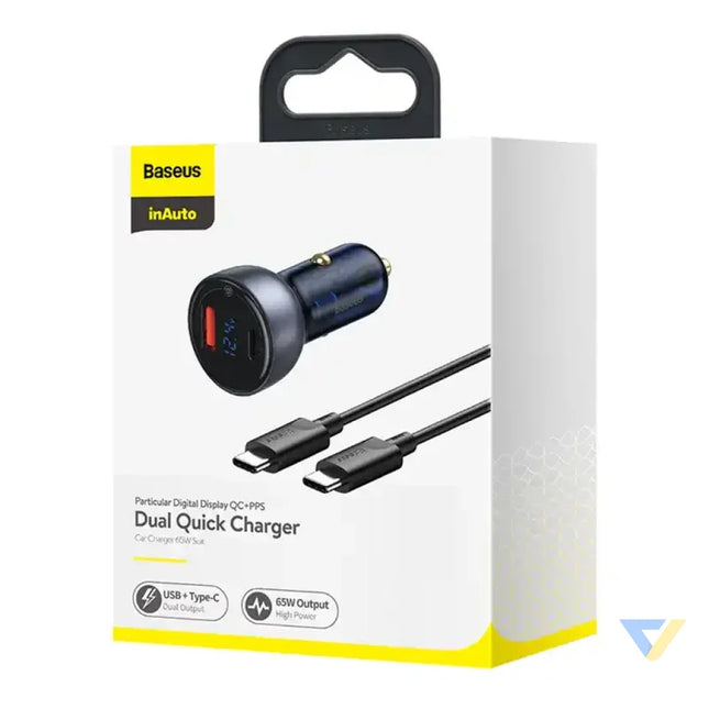 Ładowarka samochodowa Baseus Particular Digital Display z wyświetlaczem USB + USB C QC3.0 + PD 5A 65W (szara) + kabel