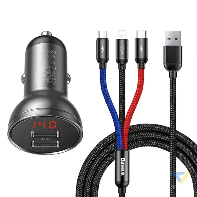 Ładowarka samochodowa Baseus z wyświetlaczem 24W + kabel USB 3w1 Baseus Three Primary Colors 1,2m Car chargers