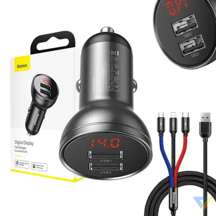 Ładowarka samochodowa Baseus z wyświetlaczem 24W + kabel USB 3w1 Baseus Three Primary Colors 1,2m Car chargers