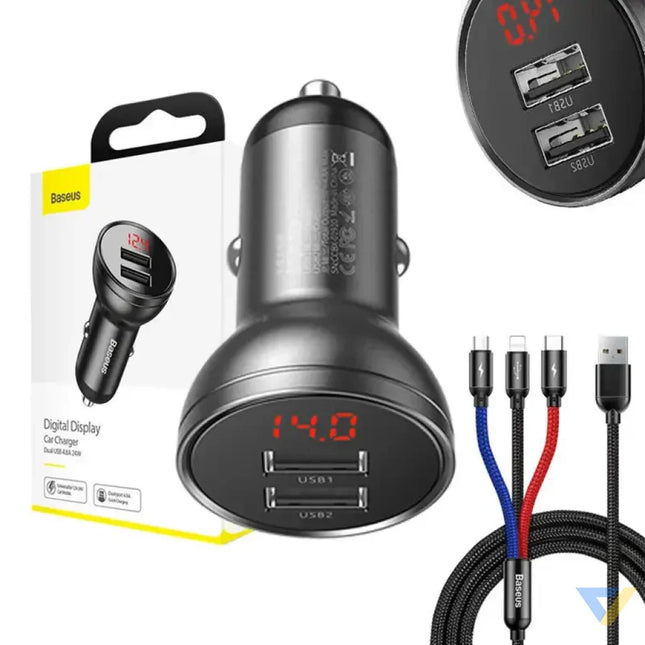 Ładowarka samochodowa Baseus z wyświetlaczem 24W + kabel USB 3w1 Baseus Three Primary Colors 1,2m Car chargers