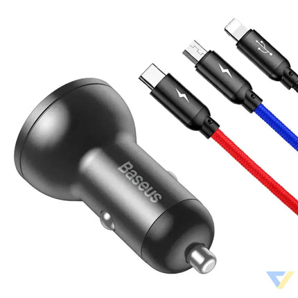 Ładowarka samochodowa Baseus z wyświetlaczem 24W + kabel USB 3w1 Baseus Three Primary Colors 1,2m Car chargers