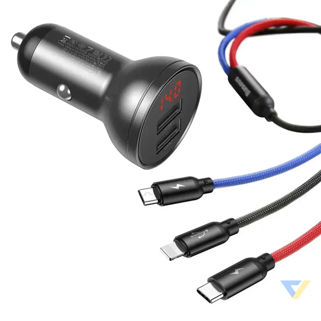 Ładowarka samochodowa Baseus z wyświetlaczem 24W + kabel USB 3w1 Baseus Three Primary Colors 1,2m Car chargers