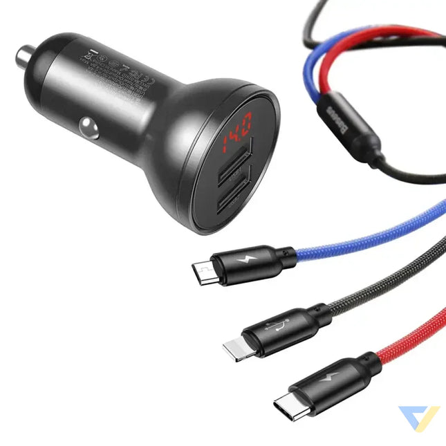 Ładowarka samochodowa Baseus z wyświetlaczem 24W + kabel USB 3w1 Baseus Three Primary Colors 1,2m Car chargers