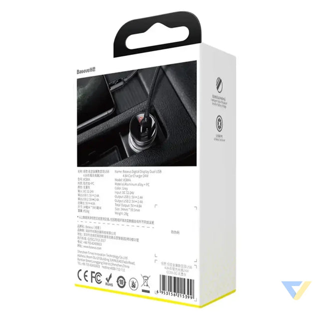 Ładowarka samochodowa Baseus z wyświetlaczem 2x USB 4,8A 24W (srebrna) Car chargers