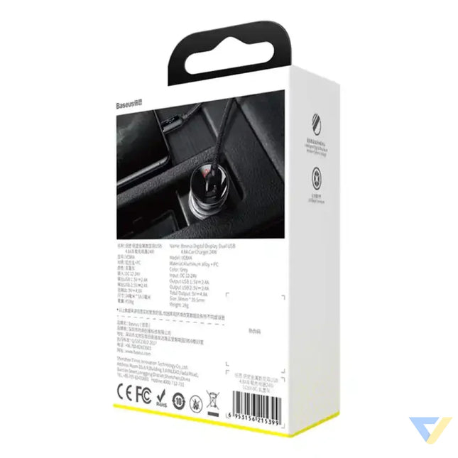 Ładowarka samochodowa Baseus z wyświetlaczem 2x USB 4,8A 24W (szara) Car chargers
