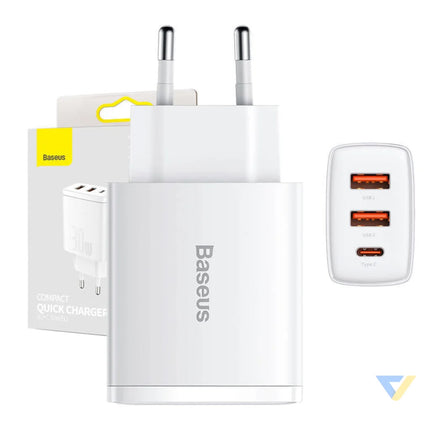 Ładowarka sieciowa Baseus Compact Quick Charger 2xUSB USB C PD 3A 30W (biała) mains chargers