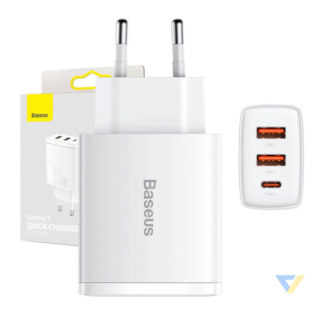 Ładowarka sieciowa Baseus Compact Quick Charger 2xUSB USB C PD 3A 30W (biała) mains chargers