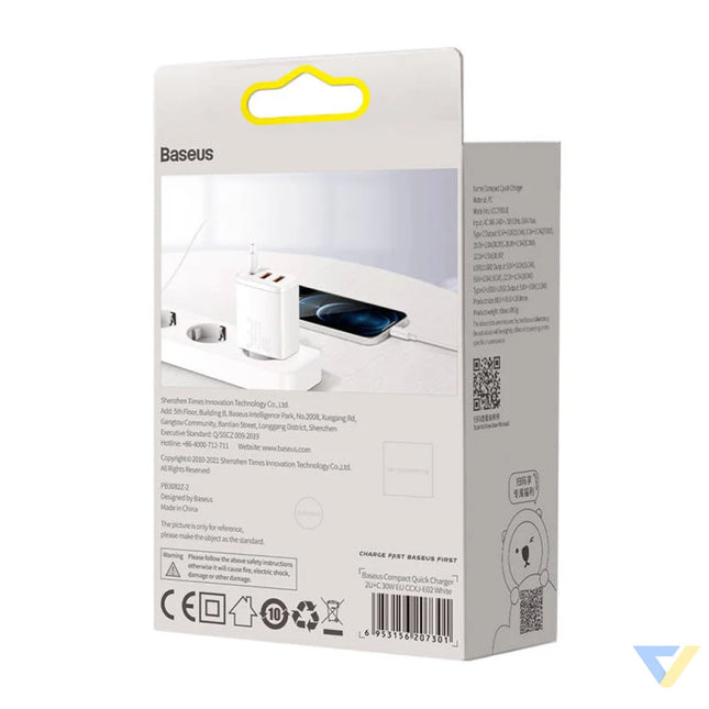 Ładowarka sieciowa Baseus Compact Quick Charger 2xUSB USB C PD 3A 30W (biała) mains chargers