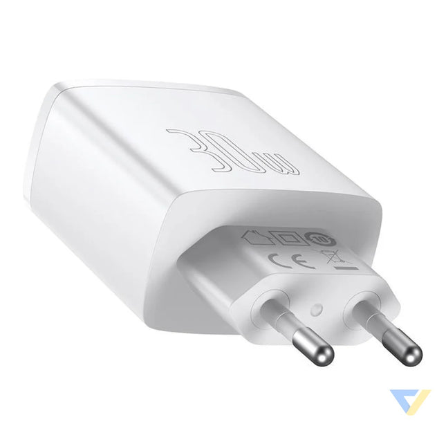 Ładowarka sieciowa Baseus Compact Quick Charger 2xUSB USB C PD 3A 30W (biała) mains chargers