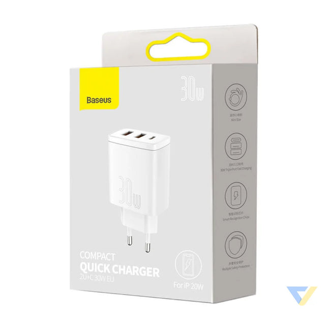Ładowarka sieciowa Baseus Compact Quick Charger 2xUSB USB C PD 3A 30W (biała) mains chargers
