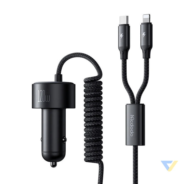 Mcdodo CC 0370 car charger USB C Lightning 120W retractable cables Car chargers
