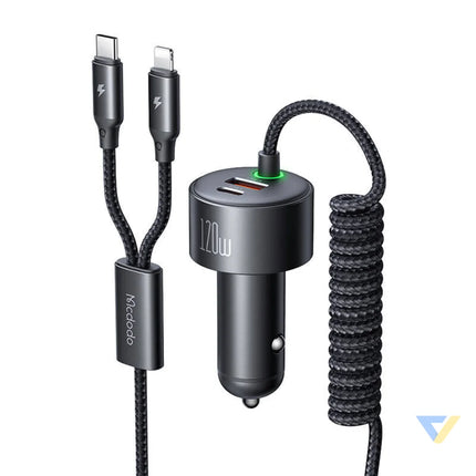 Mcdodo CC 0370 car charger USB C Lightning 120W retractable cables Car chargers