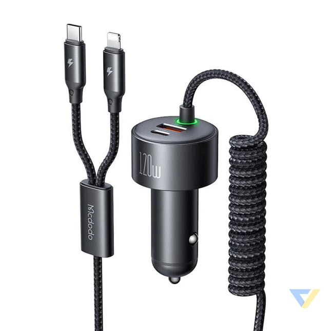 Mcdodo CC 0370 car charger USB C Lightning 120W retractable cables Car chargers