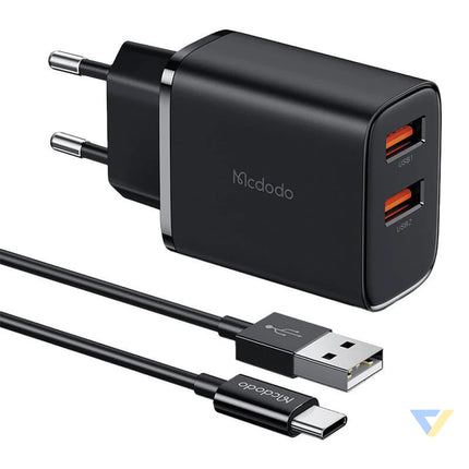 Mcdodo CH 5072 USB A*2 12W power charger + USB A to USB C cable (black) mains chargers