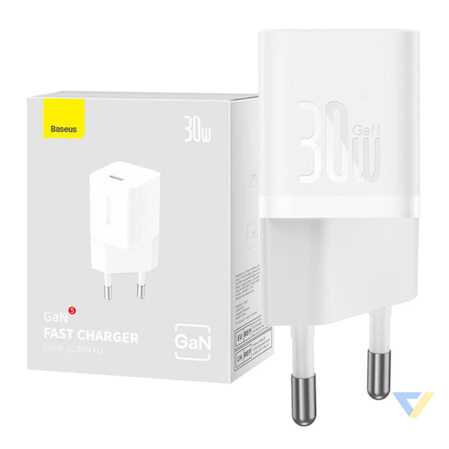 Mini wall charger Baseus GaN5 30W (white) mains chargers