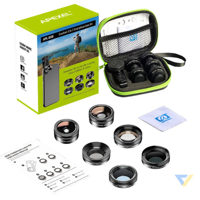 Mobile lens kit APEXEL APL DG6V2 6 in 1 universal (black) Phone lenses