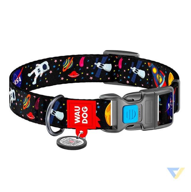 Nylon dog collar with QR code Waudog ’NASA’ size M Walking and transportation