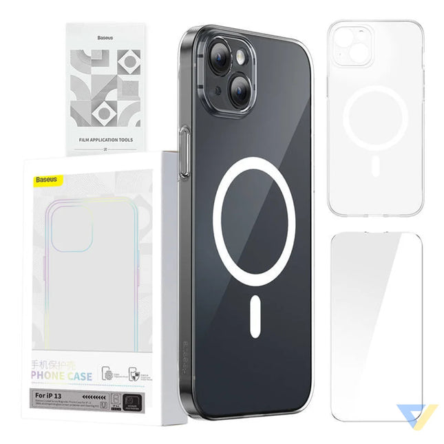 Phone case Baseus Magnetic Crystal Clear for iPhone 13 (transparent) with all tempered glass screen protector and