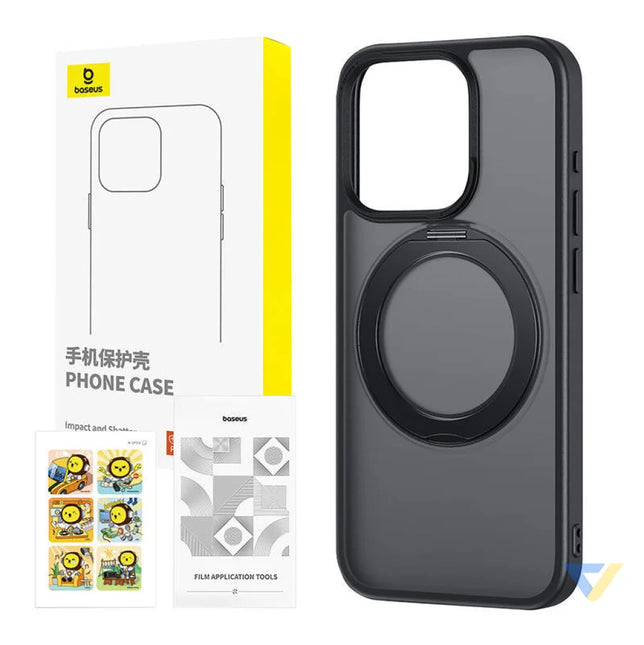 Phone Case with Stand Baseus SkyRing 360° for iP 15 + tempered glass and cleaning kit (black) Protective cases for