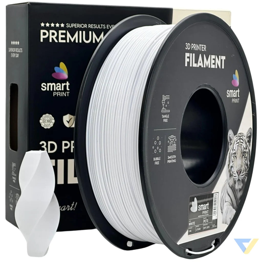 Smart Print PETG blends ABS strength with PLA ease. Slightly flexible and highly durable, it resists moisture and chemicals. Special inhibitors enhance strength and color. Ideal for outdoor and functional prints.