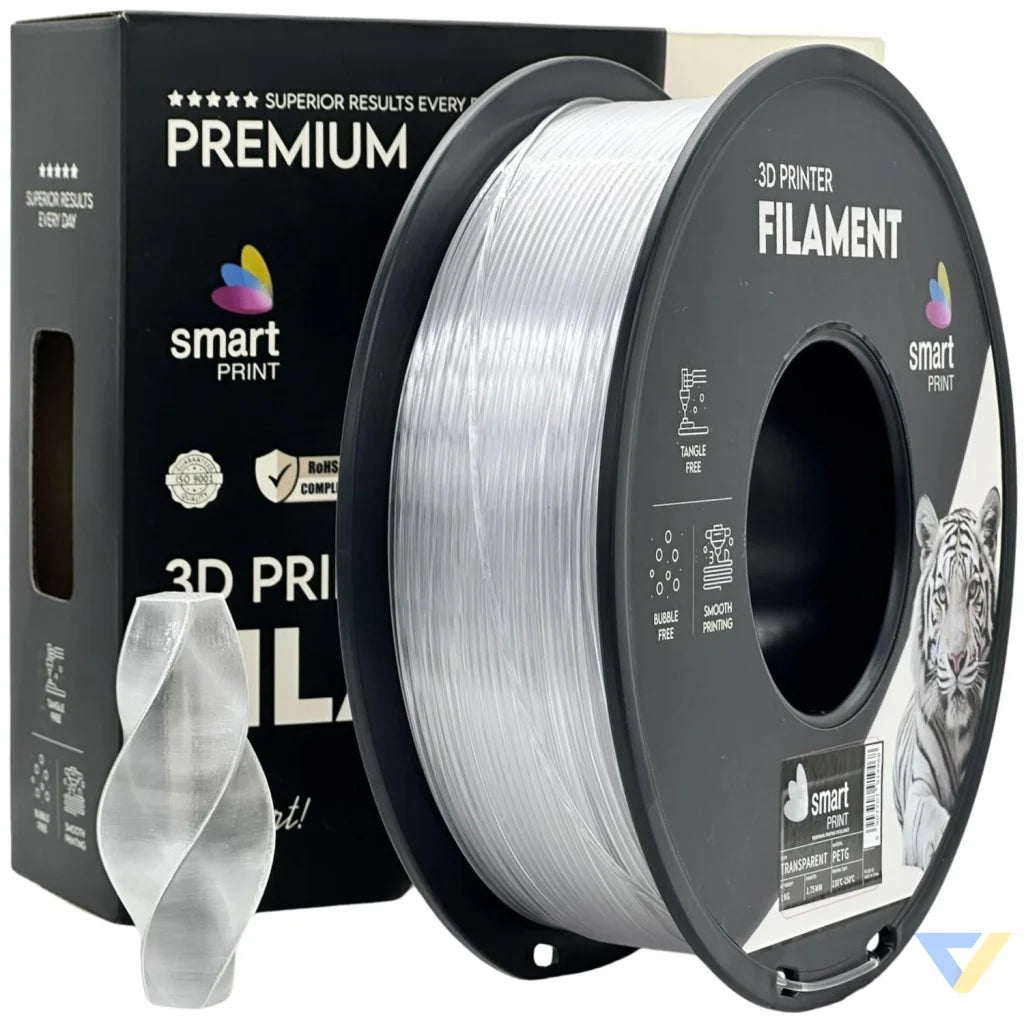 Smart Print PETG blends ABS strength with PLA ease. Slightly flexible and highly durable, it resists moisture and chemicals. Special inhibitors enhance strength and color. Ideal for outdoor and functional prints.