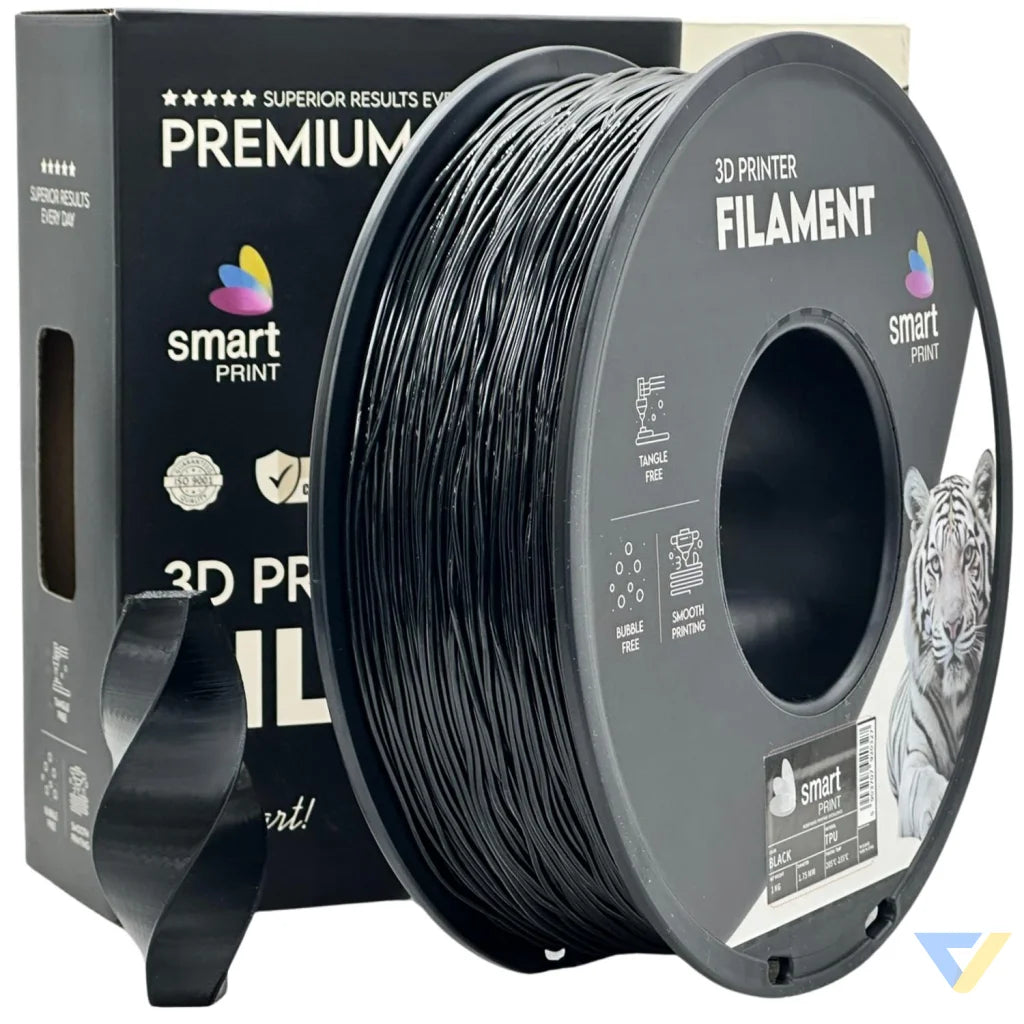 Smart Print TPU is flexible and wear-resistant, ideal for seals, gaskets, cases, and mounts. Special inhibitors improve strength and color. Print slowly with proper filament path for best results.