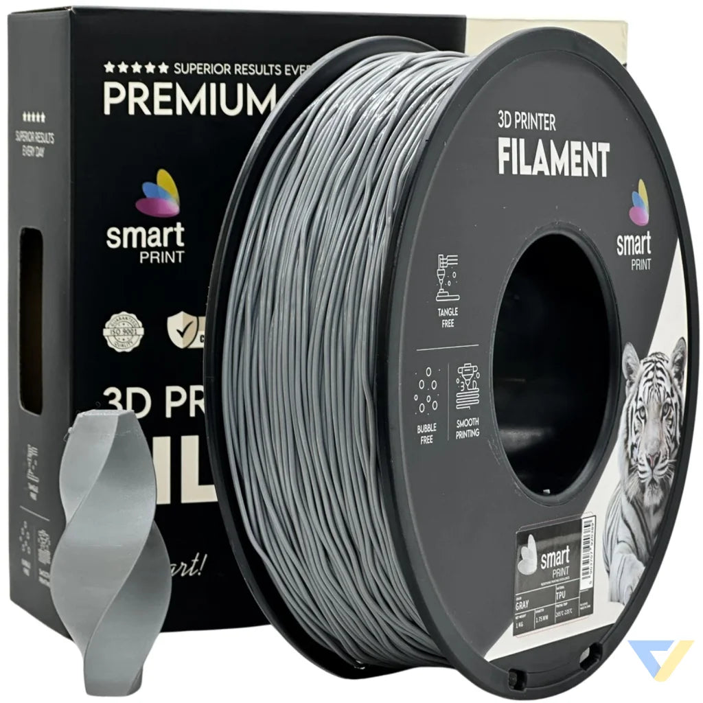 Smart Print TPU is flexible and wear-resistant, ideal for seals, gaskets, cases, and mounts. Special inhibitors improve strength and color. Print slowly with proper filament path for best results.