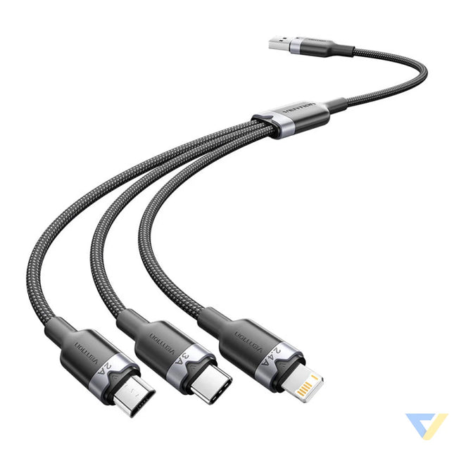 USB 2.0 A male to 3 in 1 USB C Lightning and Micro B male cable Vention 3A CTPBG 1.5m Combo Cables