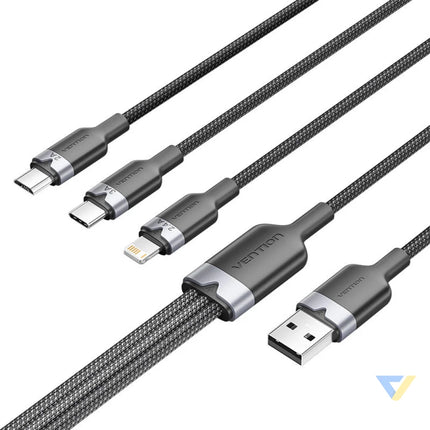 USB 2.0 A male to 3 in 1 USB C Lightning and Micro B male cable Vention 3A CTPBG 1.5m Combo Cables