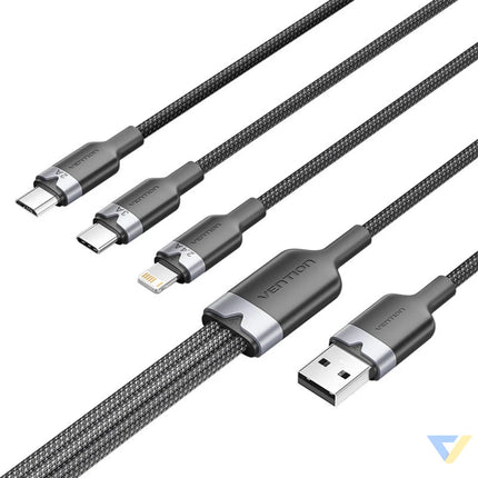 USB 2.0 A male to 3 in 1 USB C Lightning and Micro B male cable Vention 3A CTPBG 1.5m Combo Cables