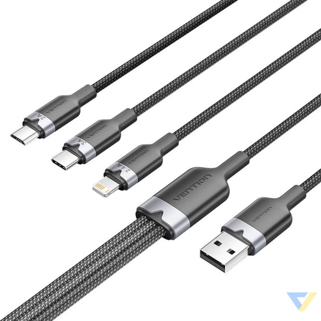 USB 2.0 A male to 3 in 1 USB C Lightning and Micro B male cable Vention 3A CTPBG 1.5m Combo Cables
