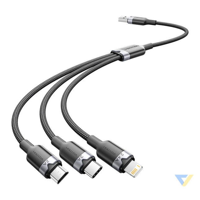 USB 2.0 A male to 3 in 1 USB C Lightning and Micro B male cable Vention 3A CTPBG 1.5m Combo Cables