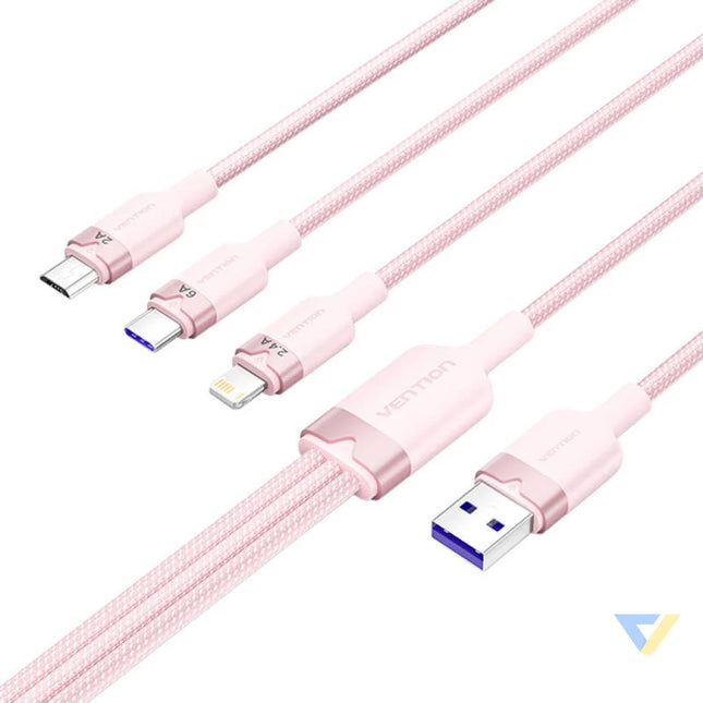 USB 2.0 A to 3 in 1 6A cable Vention CTRPG 1.5M (pink) USB cables