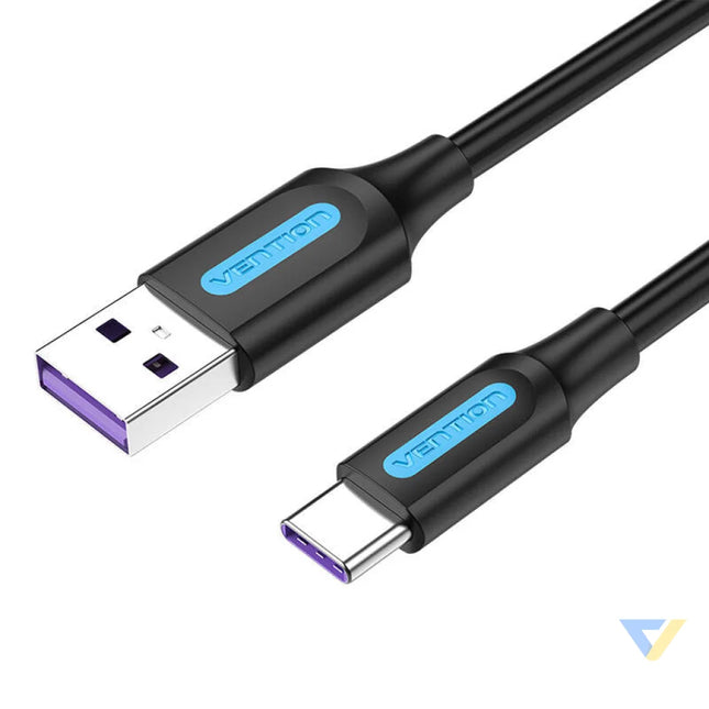 USB 2.0 A to USB C Cable Vention CORBI 5A 3m Black PVC USB to USB C
