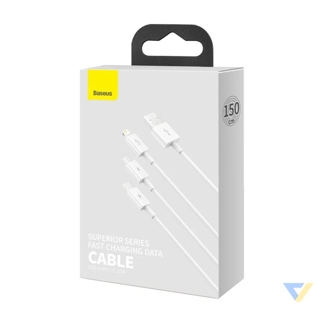USB cable 3in1 Baseus Superior Series USB to micro USB / USB C / Lightning 3.5A 1.5m (white) Combo Cables
