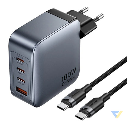 Vention power charger 3x USB C 1x USB A (100W/100W/30W/30W) (grey) with USB C to USB C cable (1m) (black) mains chargers