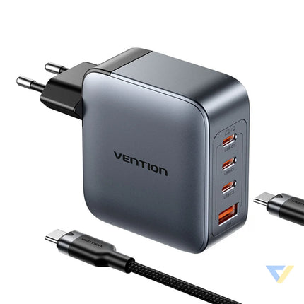 Vention power charger 3x USB C 1x USB A (100W/100W/30W/30W) (grey) with USB C to USB C cable (1m) (black) mains chargers