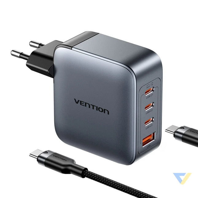 Vention power charger 3x USB C 1x USB A (100W/100W/30W/30W) (grey) with USB C to USB C cable (1m) (black) mains chargers