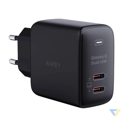 Wall Charger Aukey PA B4T 2xUSB C 45W (black) mains chargers