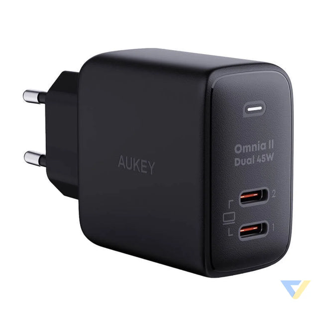 Wall Charger Aukey PA B4T 2xUSB C 45W (black) mains chargers