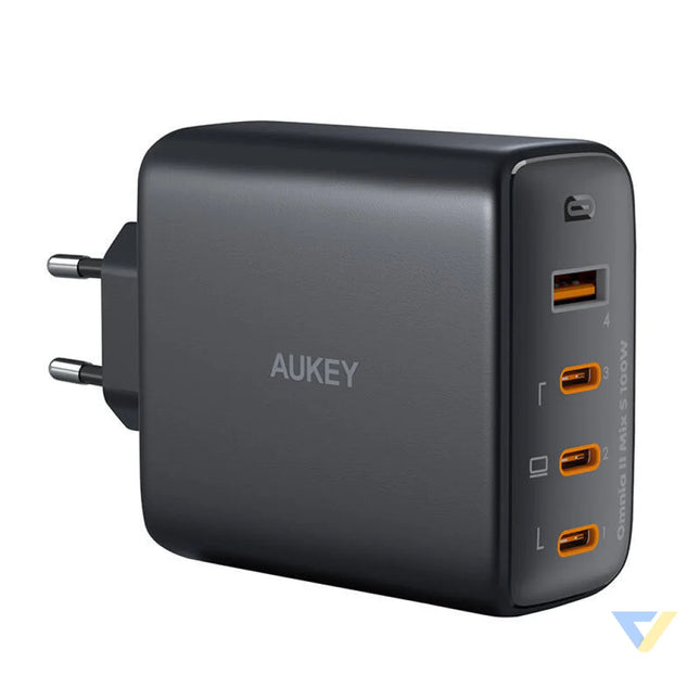 Wall charger Aukey PA B7S 1xUSB A 3xUSB C 100W GaN (black) mains chargers