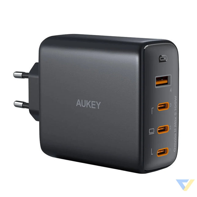 Wall charger Aukey PA B7S 1xUSB A 3xUSB C 100W GaN (black) mains chargers