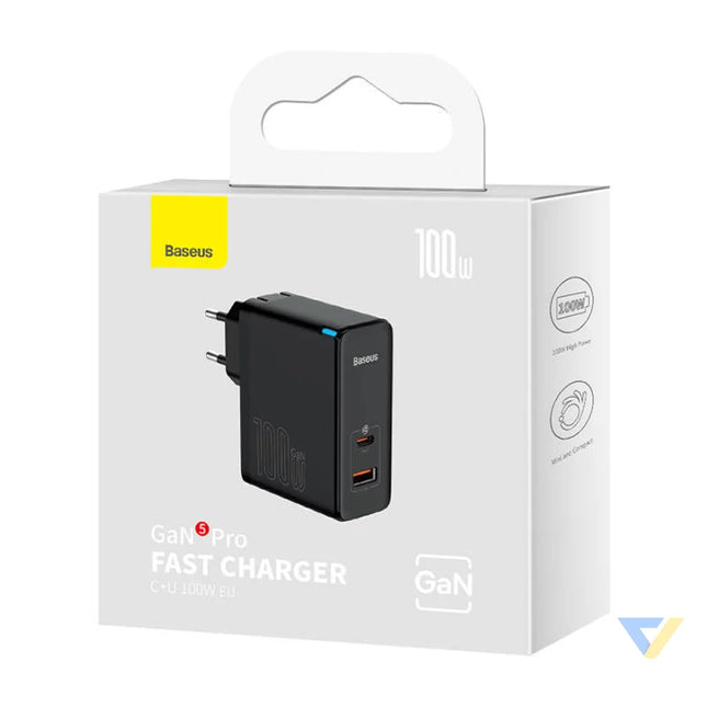 Wall charger Baseus GaN USB C + USB 100W + 1m cable (black) mains chargers