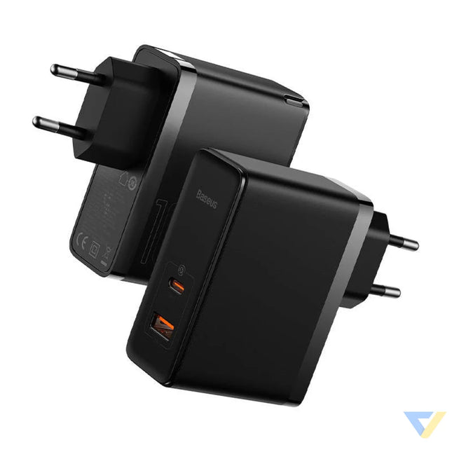 Wall charger Baseus GaN USB C + USB 100W + 1m cable (black) mains chargers