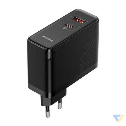 Wall charger Baseus GaN USB C + USB 100W + 1m cable (black) mains chargers