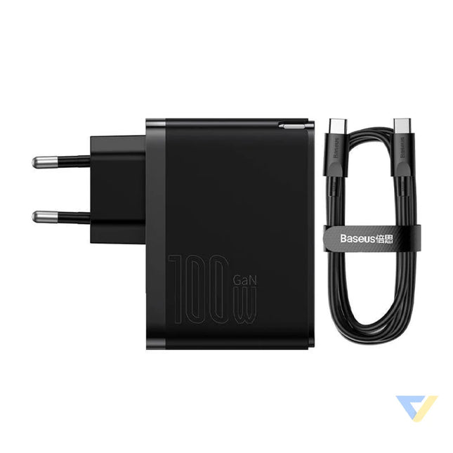 Wall charger Baseus GaN USB C + USB 100W + 1m cable (black) mains chargers