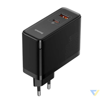 Wall charger Baseus GaN USB C + USB 100W + 1m cable (black) mains chargers