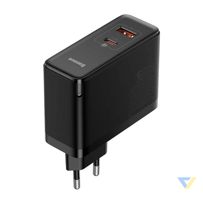Wall charger Baseus GaN USB C + USB 100W + 1m cable (black) mains chargers