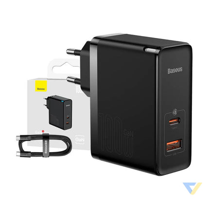 Wall charger Baseus GaN USB C + USB 100W + 1m cable (black) mains chargers